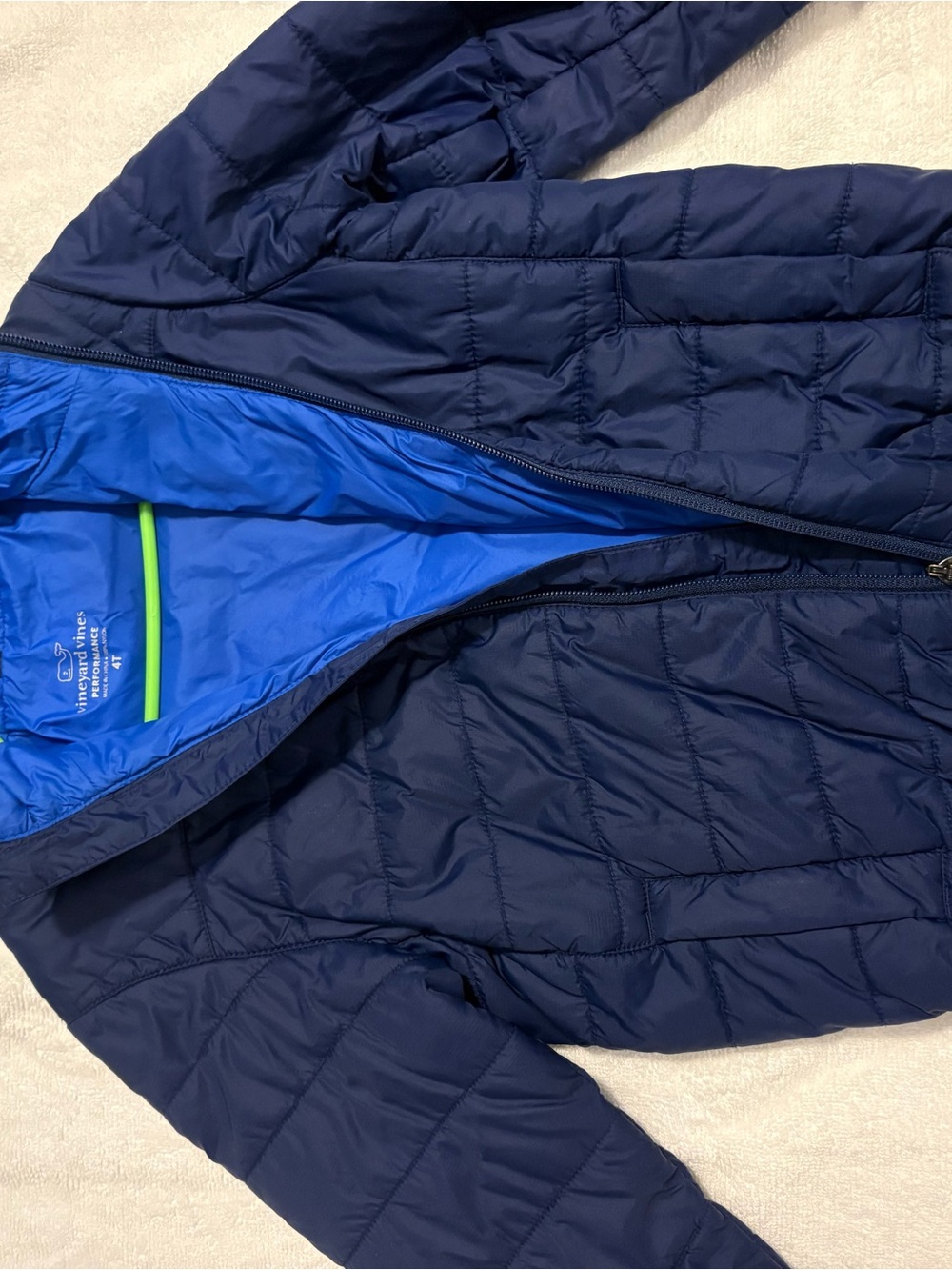 Vineyard Vines Kids Navy Puffer Jacket with Bright Blue Lining